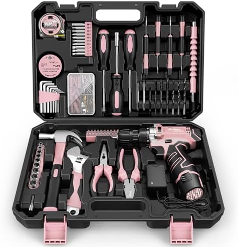 Sundpey Home Tool Kit with Drill - 206PCs Pink Tool Kit with 12V Cordless Power Drill for Household Repair - Portable Basic Pink Tool Box for Women with DIY Hand Tool Set(Screwdriver Set & Pliers Set)