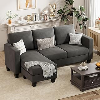 VICTONE Convertible Sectional Sofa Couch, 3 Seat L-Shaped Sofa with Linen Fabric Ottoman Small Couch for Small Apartments, Living Room and Office (Dark Gray)