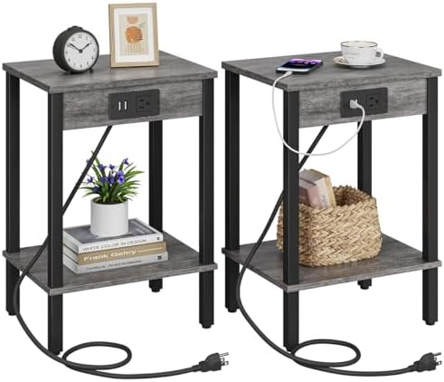 Set of 2 End Table with Charging Station, Narrow Side Table with USB Ports and Outlets, Nightstands with 2-Tier Storage Shelves, Sofa Table for Small Space Living Room Bedroom, Grey