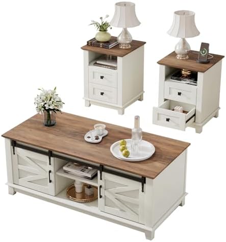 Farmhouse Table Set of 3, Coffee Table with Sliding Barn Doors, End Tables Set of 2 with Charging Station for Living Room & Bedroom, Sliding Barn Doors, 2 Tiers Storage Drawer, Antique White