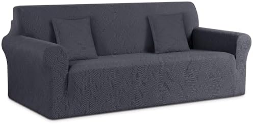Ruaozz Stretch Sofa Cover 1 Piece Couch Covers for 3 Cushion Couch Non Slip Sofa Slipcover Washable Soft Jacquard Furniture Protector with 2 pcs Throw Pillow Covers (3 Seater, Dark Gray)