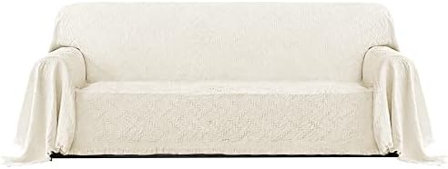 PureFit Geometric Jacquard Throw Sofa Cover - Textured Soft Washable Decorative Couch Covers for 3 Cushion with Tassels Furniture Protector for Pets, Kids (X-Large, Ivory)