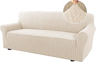 H.VERSAILTEX Sofa Cover 1 Piece Stretch Sofa Slipcovers Non Slip Sofa Cover with Elastic Bottom Washable for Kids, Pets Upgrade Thick Jacquard Fabric with Spiral Pattern(75"-85", Ivory)