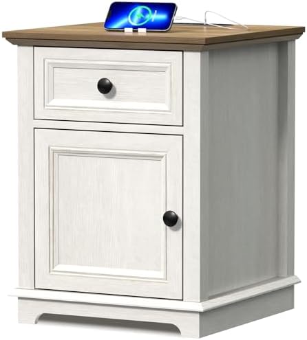 End Table with Charging Station, Fast Charge, End Table with Drawer, Big Storage Side Table for Living Room/Bedroom, White