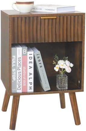Mid Century Modern Nightstand, Wood Bedside Table with Drawer and Opening Storage, End Table Living Room Fluted Night Stand with Solid Wood Legs for Bedroom (Rustic Brown)
