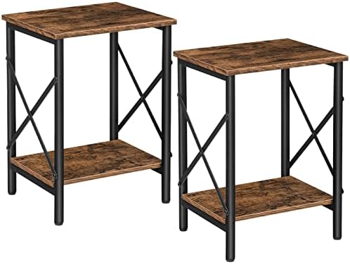 Side Table Set of 2, End Table with Storage, Bedside Table, Narrow Nightstand for Small Space, Small End Stand with Metal Frame, Living Room, Bedroom, Easy Assembly, Rustic Brown ETHR2801S2Z