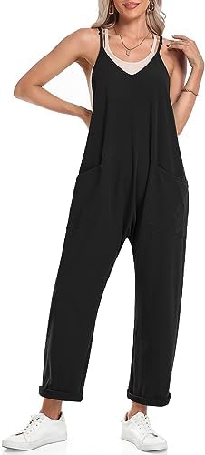 TARSE Womens Jumpsuits Casual V Neck Baggy Rompers Sleeveless Loose Adjustable Spaghetti Strap Overalls Jumpers with Pockets