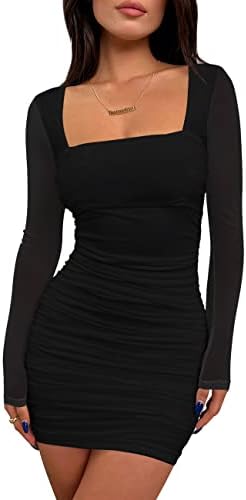 BORIFLORS Women's Sexy Ruched Bodycon Mini Dress Mesh Long Sleeve Club Party Short Dresses