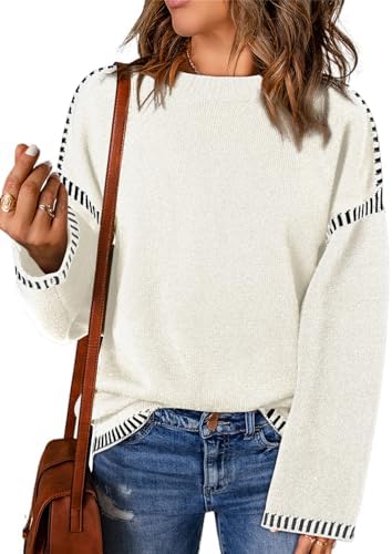 Dokotoo Sweaters for Women Fashion Solid Crewneck Loose Fit Long Sleeve Contrast Cable Knit Pullover Sweater Jumper Tops