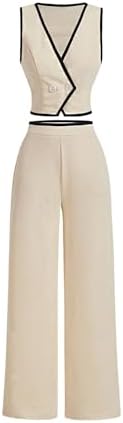 MakeMeChic Women's 2 Piece Outfits Wrap V Neck Button Down Sleeveless Suit Vest and Wide Leg Pants Pant Suits Dressy