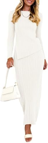 PRETTYGARDEN Women 2 Piece Outfits Long Sleeve Asymmetric Slit Hem Tops Midi Bodycon Skirt Sets Lounge Knit Sweater Set