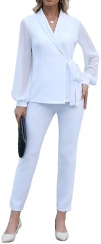 Women's 2 Piece Outfits Net Sleeve Tie Waist Wrap Blazer Jacket and Slim Fit Pants Suit Business Casual Set