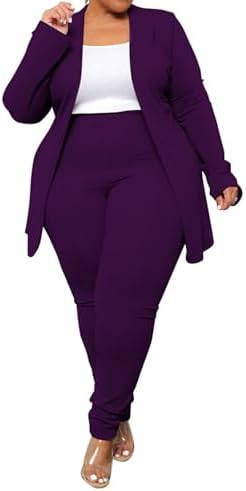 Women's Plus SizeTwo Piece Open Front Long Sleeve Blazer and Elastic Waist Solid Pant Set Suit