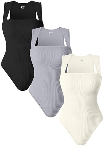 OQQ 3 Piece Bodysuits For Women Sexy Ribbed Strappy Square Neck Stretch Tank Tops Bodysuits