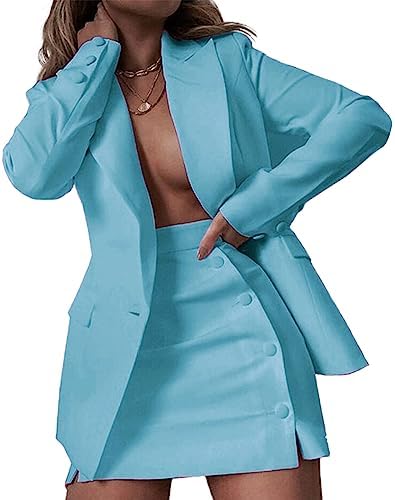 Women's 2 Piece Blazer and Skirt Suits, Open Front Blazer Jackets + Side Slit Mini Skirts