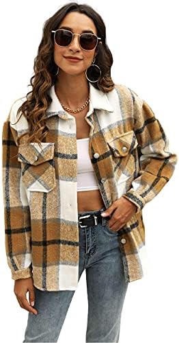 UANEO Womens Plaid Shacket Button Down Wool Blend Fall Flannel Shirt Jacket