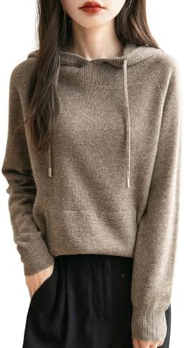 Women's 100% Merino Wool Hoodies 2024 Fall Winter Warm Soft Sweater Long Sleeve Knitted Sweatshirt with Pocket