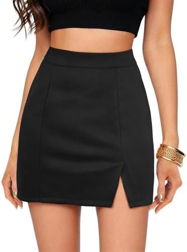 Womens Faux Suede Skirt with Slit High Waisted Mini Skirt Side Split A-Line Bodycon Short Skirt