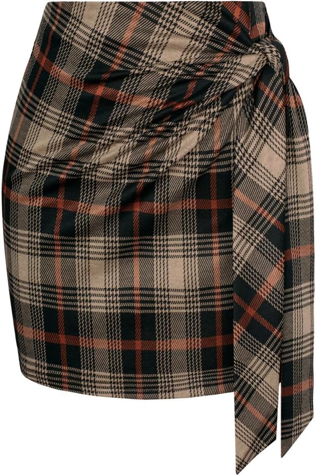 Kate Kasin Women's Plaid Skirt Elastic High Waist Bow Tie Stretch Bodycon Pencil Mini Skirts