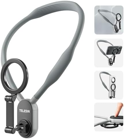 Magnetic Neck Mount for Phones, Neck Cell Phone Holder POV/Vlog Selfie Mount Hand Free Phone Neck Holder Chest Stand Strap Video Recording for iPhone 15 14 13 12 Seires Android Phones (Grey)