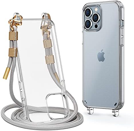 Clear Case for iPhone 13 Pro Max, Crossbody Adjustable Neck Shoulder Lanyard Strap Shockproof Protective Transparent Lanyard Phone Case for 13 Pro Max 6.7 Inch Grey