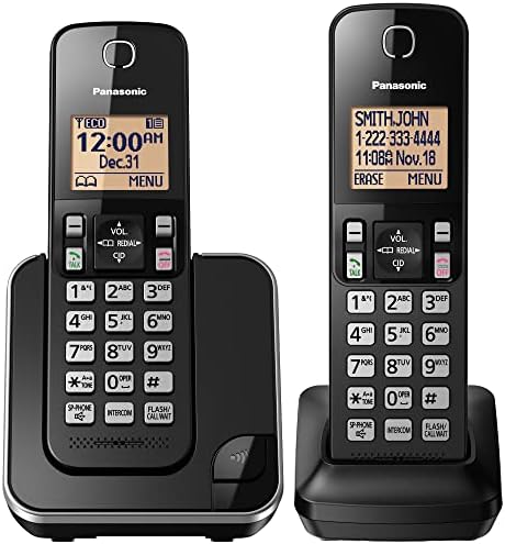 Panasonic Expandable Cordless Phone System with Amber Backlit Display – 2 Handsets – KX-TGC352B (Black)