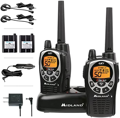 Midland GXT1000VP4 - 50 Channel GMRS Two-Way Radio - Long Range Walkie Talkie with 142 Privacy Codes, SOS Siren, and NOAA Weather Alerts and Weather Scan (Black/Silver, Pair Pack)