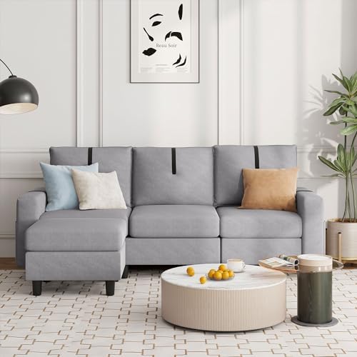 80" Convertible Sectional Sofa, 3-Seat L Shaped Couch with Ottoman, Modern Linen Upholstered Sofa Couches for Living Room, Apartment and Small Spaces, Light Grey