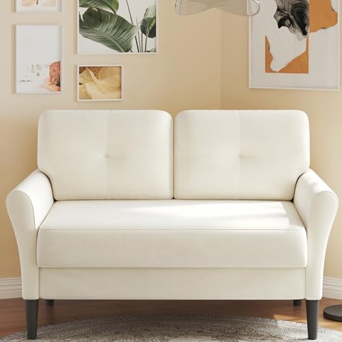 48" Loveseat Sofa, Small Couch for Bedroom, Comfy Love Seat with 21in Extra Deep Seats, 2 Seats Sofa Couch for Small Spaces, Apartment, Tool-Free Setup Mini Couch, Beige White Velvet Couch