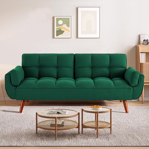 Convertible Futon Couch Bed, Sleeper Sofa Bed with Adjustable Backrests, Linen Loveseat Sofa 3 Seater Comfy Couch for Small Spaces, Living Room, Bedroom(Green, 75")