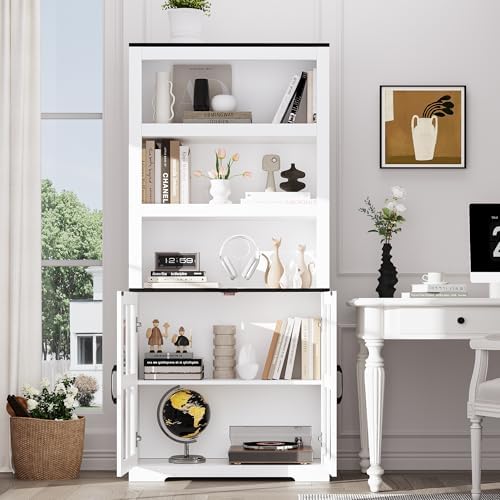 Bookshelf with Cabinet, 68.9'' Book Shelf with Door 5 Tier Farmhouse Bookshelf with Glass Window, Wood Bookcase Bookshelves Kitchen Pantry for Living Room Home Office Kitchen (White)