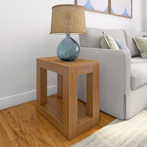 Plank+Beam Modern Rectangular Side Table with Shelf, 25", Solid Wood Narrow End Table for Living Room with Storage, Compact Bedside Table for Small Spaces, Pecan Wirebrush