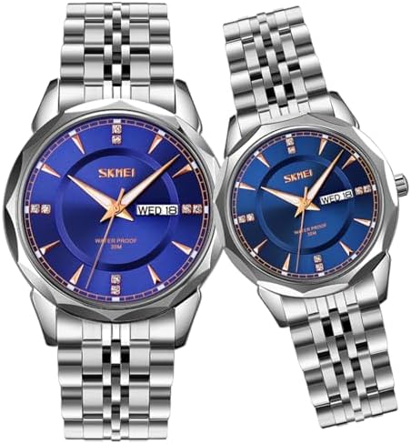 SKMEI Pair Watches for Couples Men and Women His and Hers Watch Set Husband and Wife Valentines Matching Wedding Gifts Stainless Luxry Business Blue Wrist Watch