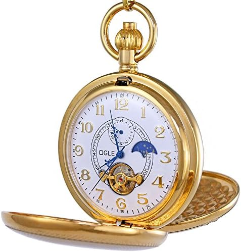 Vintage Copper Double Cover Tourbillon Phases Moon Chain Fob Self Winding Automatic Mechanical Pocket Watch/Gold Dial