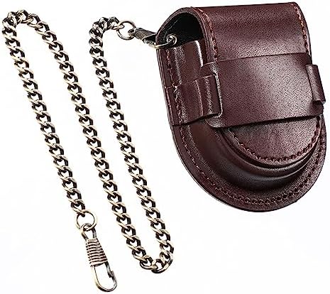 Hemobllo Leather Pocket Watch Pouch - Pocket Watch Leather Case with Bronze Chain Vintage Pocket Watch Belt Holder Case for 38mm-45mm Pocket Watch