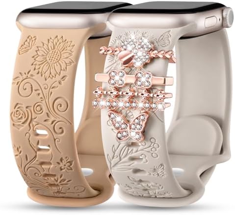 Maledan 2 Pack Flower Engraved Band Compatible with Apple Watch Bands 40mm 41mm 38mm 44mm 45mm 49mm Women Men, Soft Silicone Sport Band with Decorative Charms for iWatch Series 9 8 7 6 5 4 3 2 1 SE