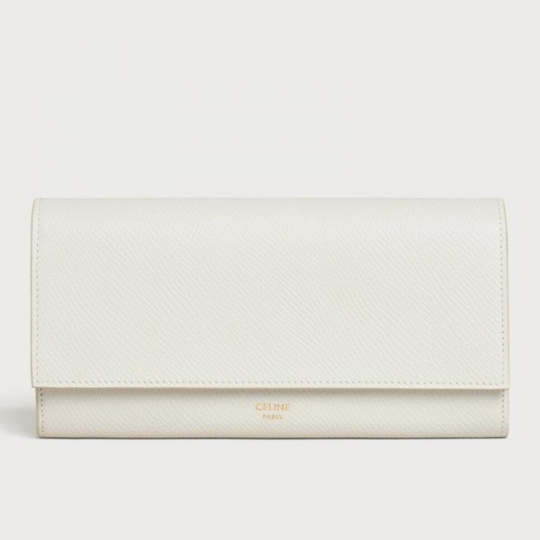 Celine Large Flap Wallet In White Grained Calfskin